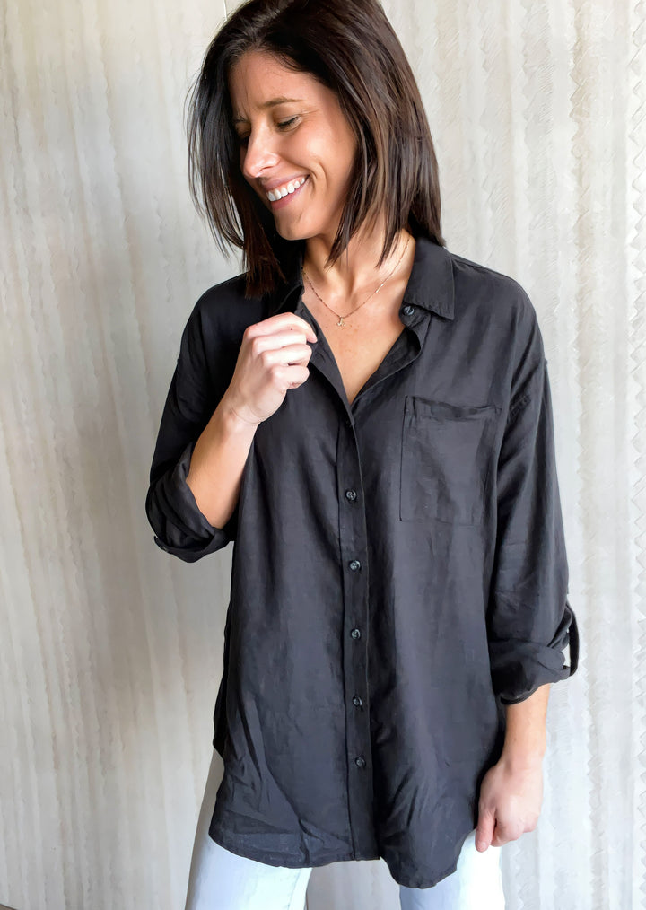 Women's Black Linen Button Down Shirt with collar