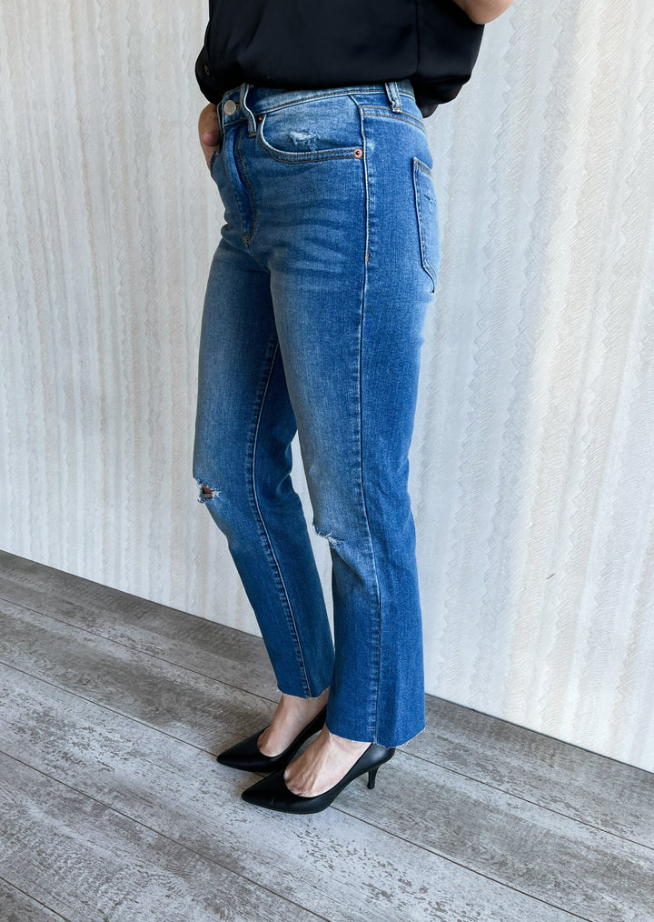High Rise Straight Jeans with knee slits