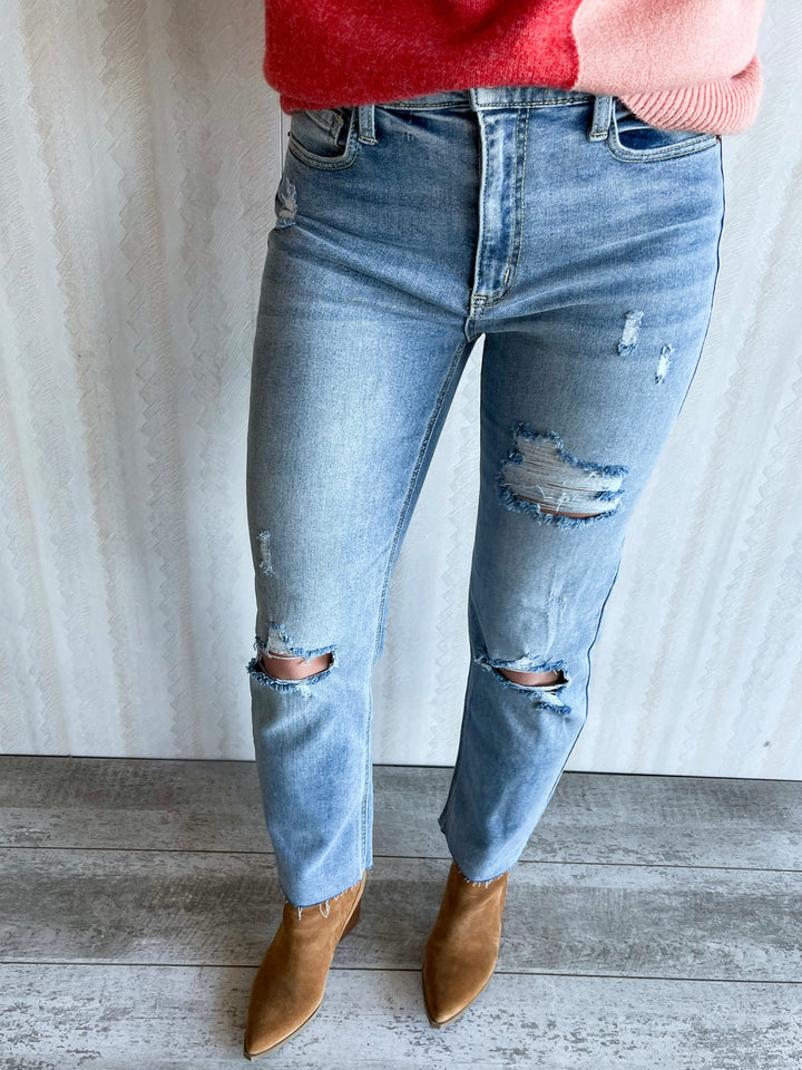 High Rise Straight Jeans With Rips