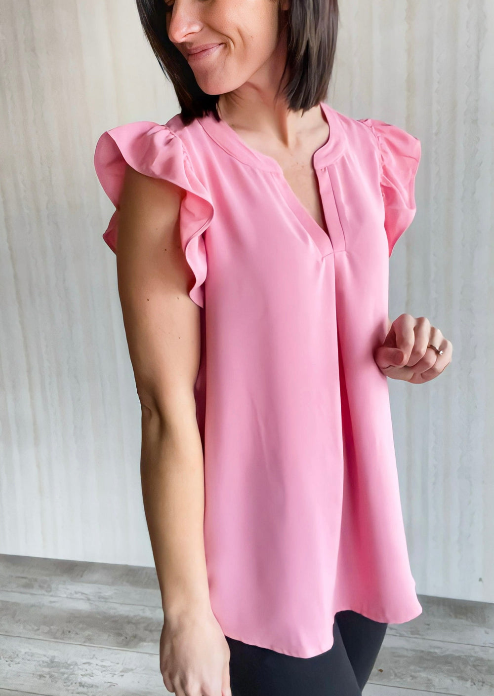 Pink Dress Blouse with Ruffle Cap Sleeve paired with Black Dress Pants