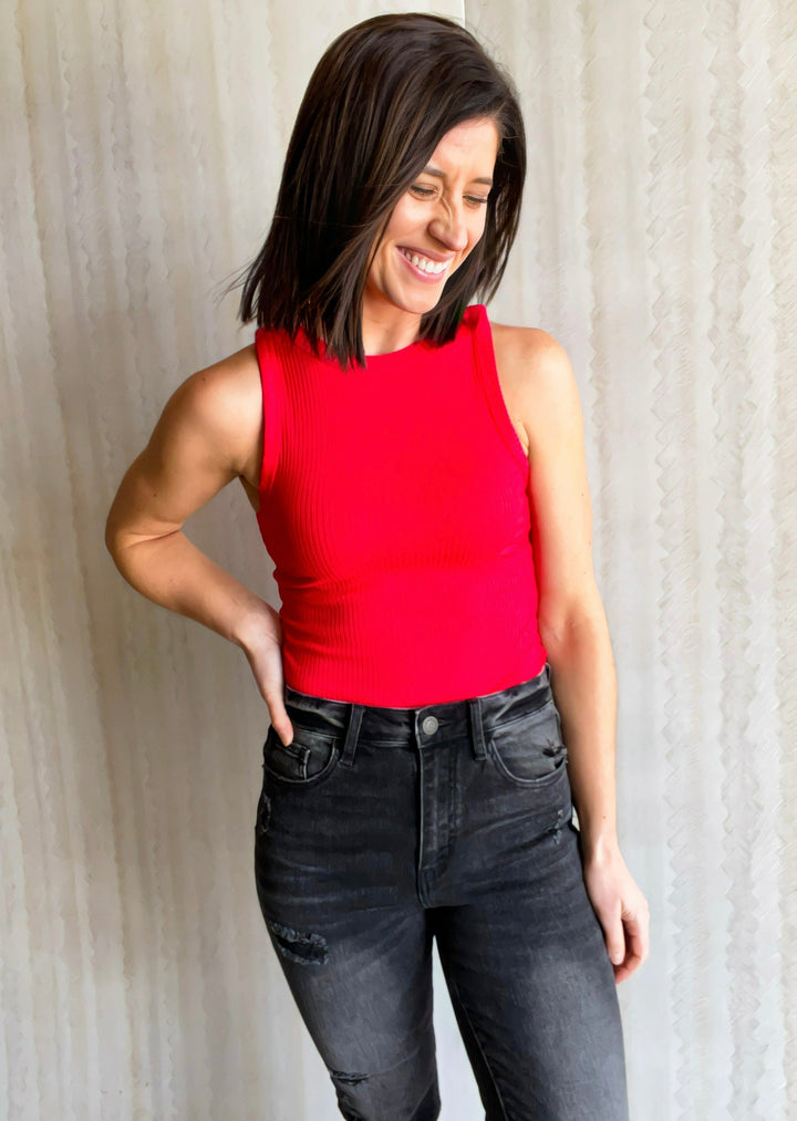 Ruby Red Soft Ribbed Fitted Tank with black distressed straight leg jeans.