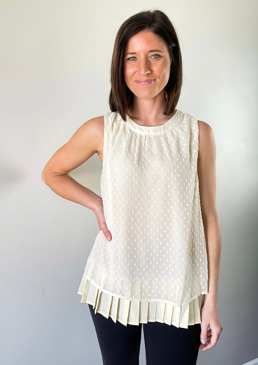 Cream Swiss Dot Tank Blouse with pleated bottom | Dress Tops for Women