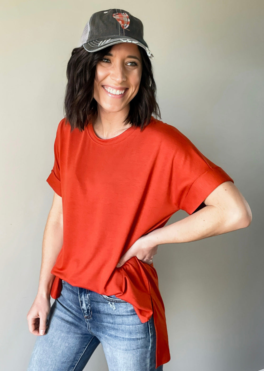 Copper Orange Cuffed T-shirt with High-Low Rise length and side slit