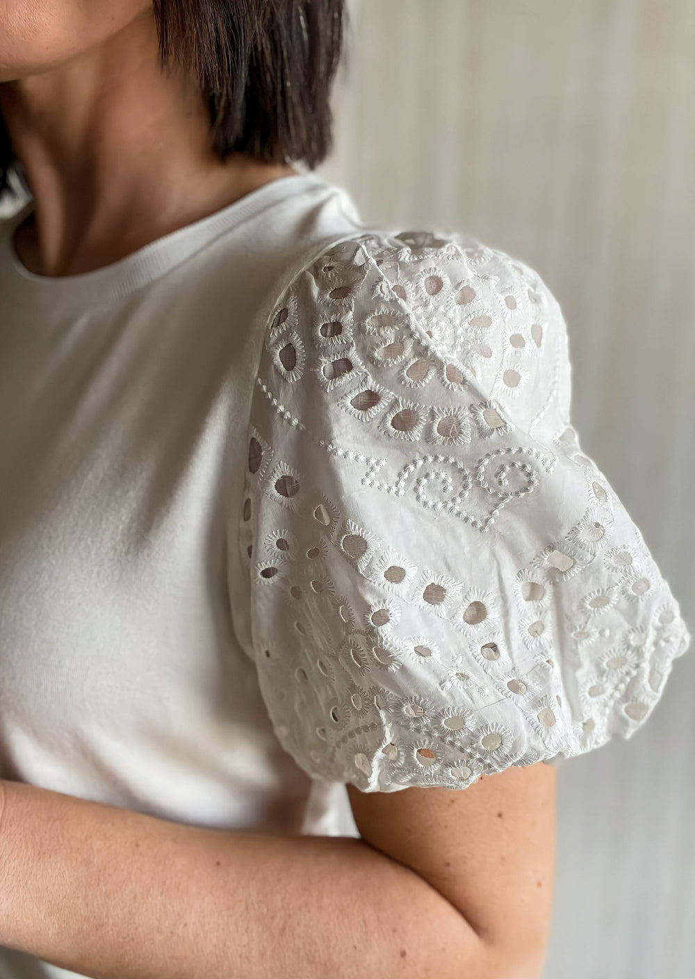 White Dress Top with Eyelet Puff Sleeves