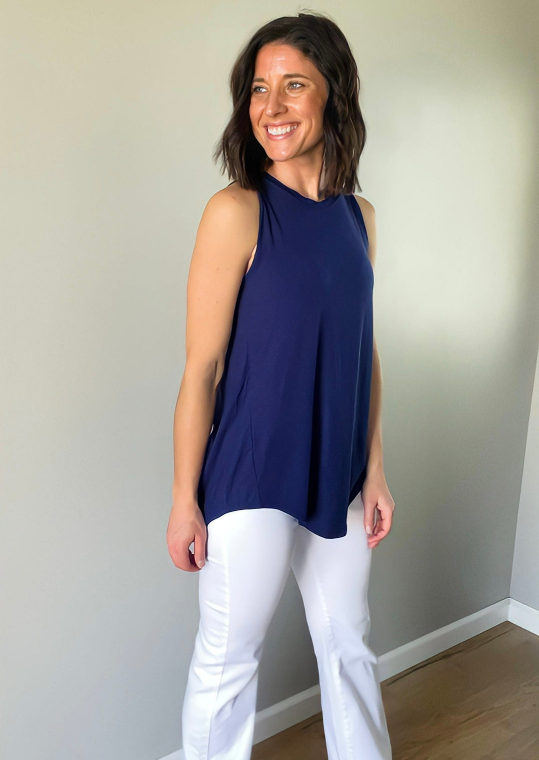 Navy Blue  LongFlowy Round Neck Tank with white flare pants
