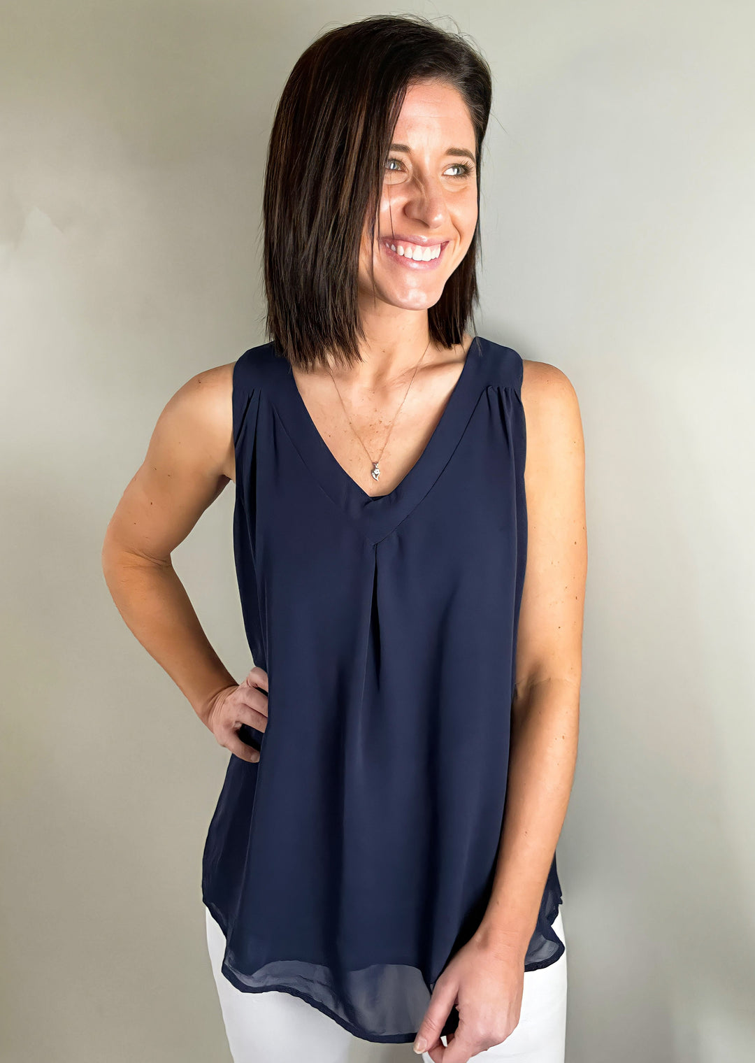 Navy V-Neck Dress Blouse Tank with Pleating on the shoulders