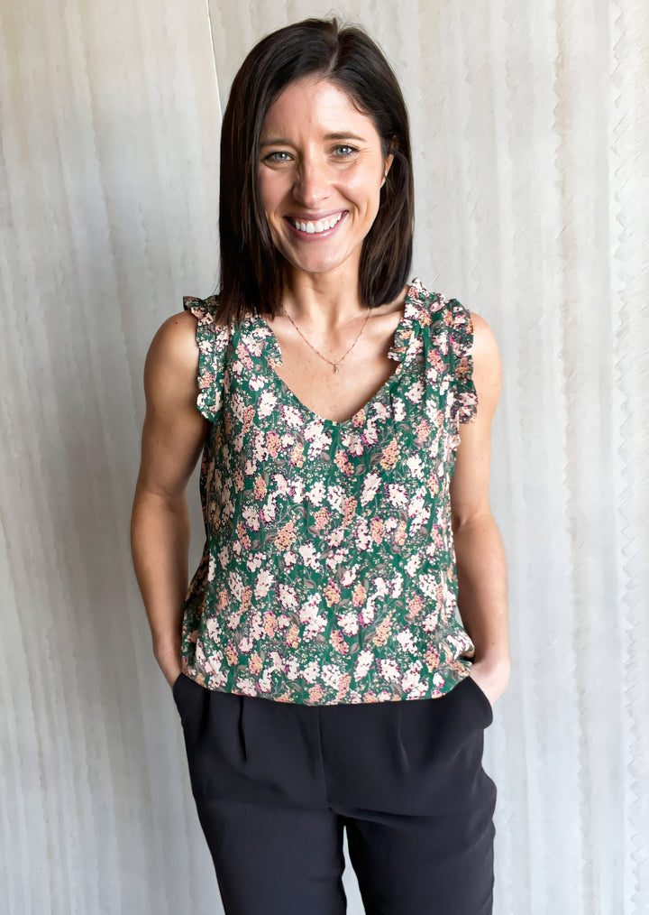 Hunter Green Floral Sleevless Ruffle Top