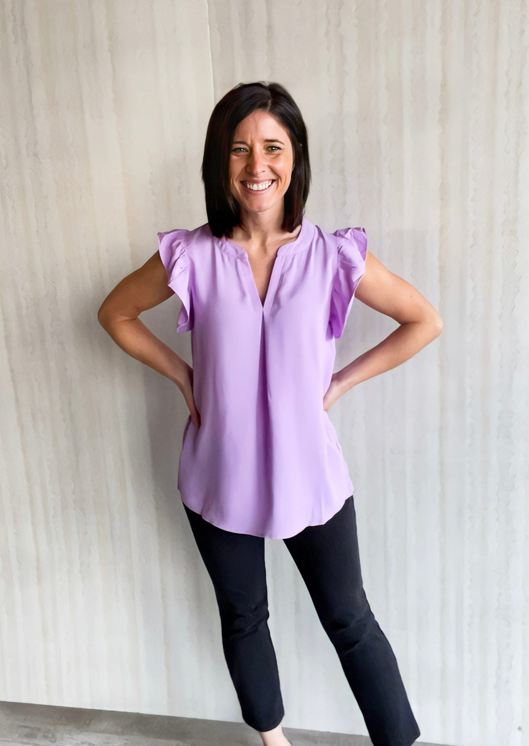 Lavender Ruffle Sleeve Dress Top paired with Black Dress Pants