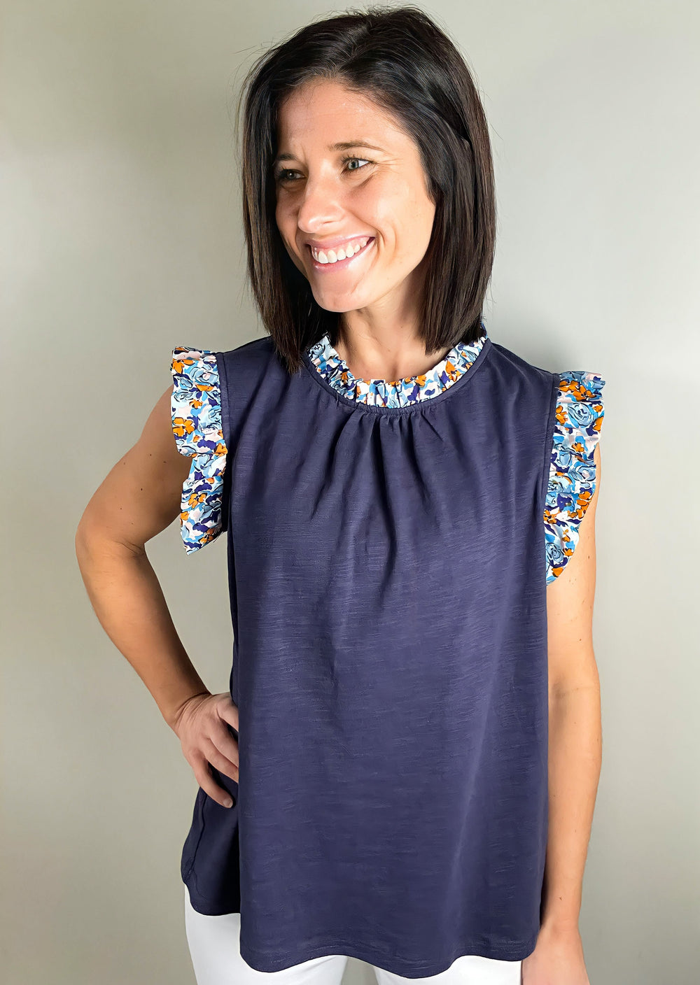 Navy Floral Ruffle Top | Women's Clothing Cute Tops