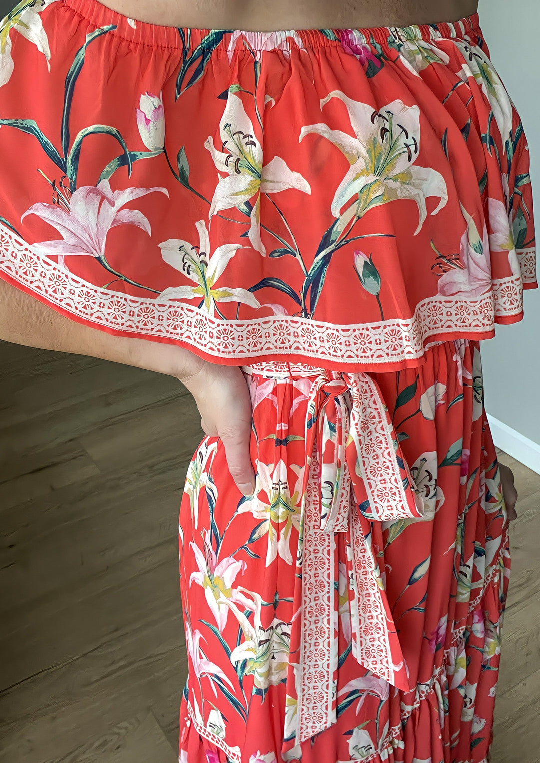 Hot Coral Floral Maxi Dress. Dress for beach vacation or guest of wedding. Flying Tomato.