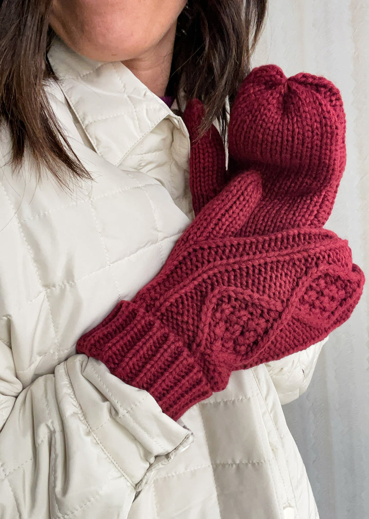 Women's Burgundy Cableknit fleece lined mittens. Cozy mittens for women.
