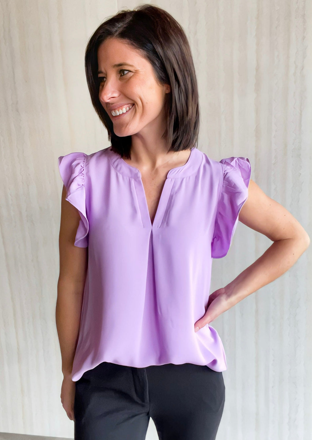 Lavender Ruffle Sleeve Dress Top paired with Black Dress Pants