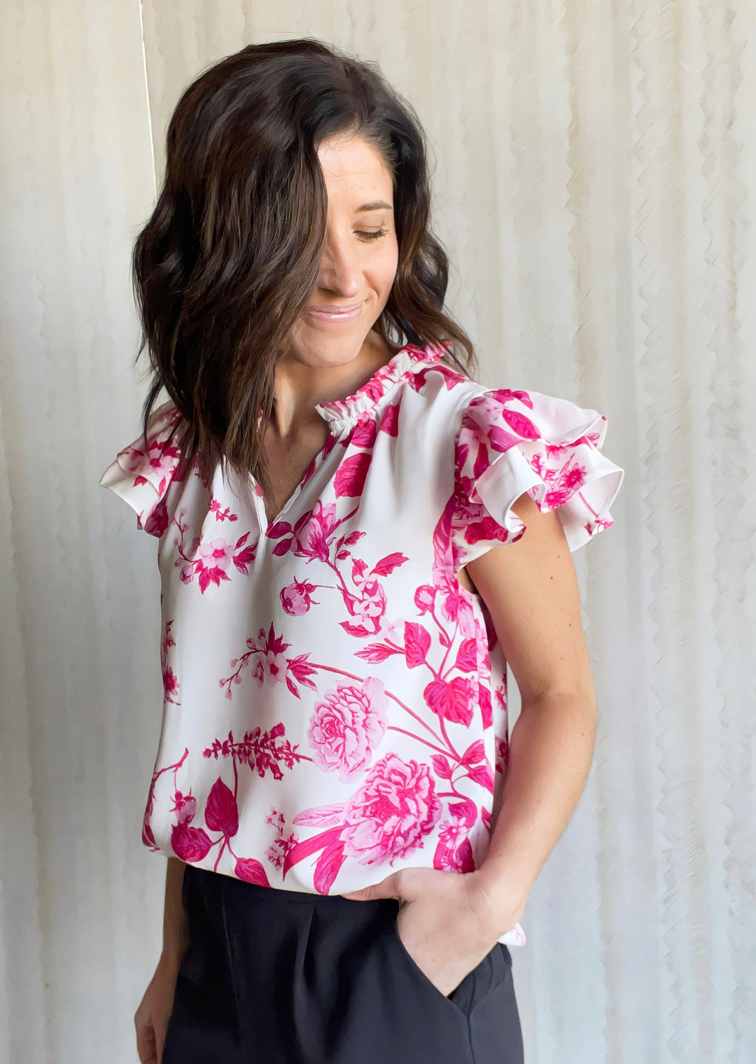 Pink and White Floral Dress Blouse | Spring Dress Blouse