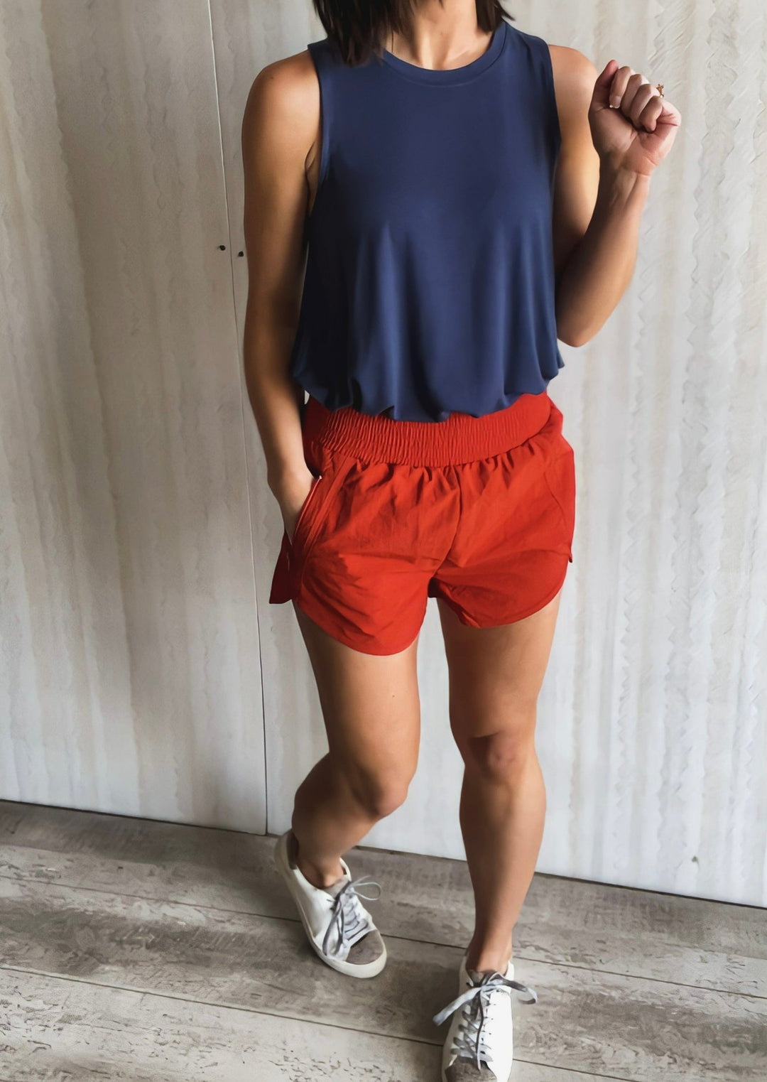 Orange Copper Smocked Waist Shorts with Navy Tank Top