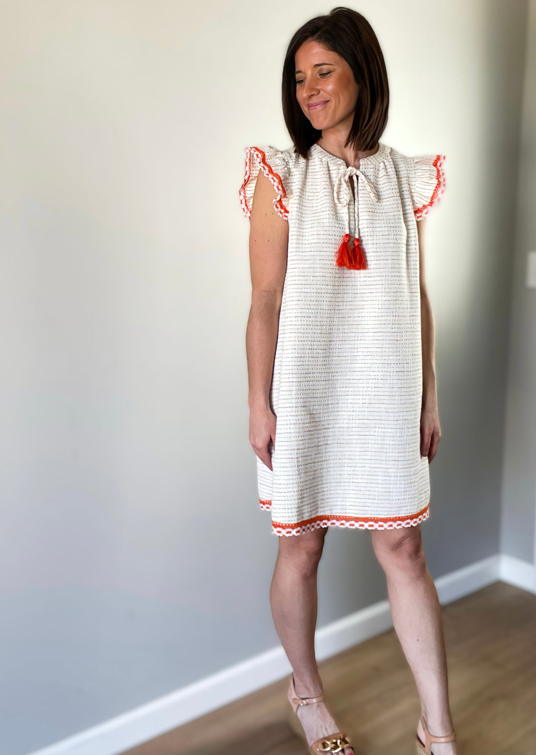 Ivory and Orange Classy Shift Dress with Tassels and lace trim