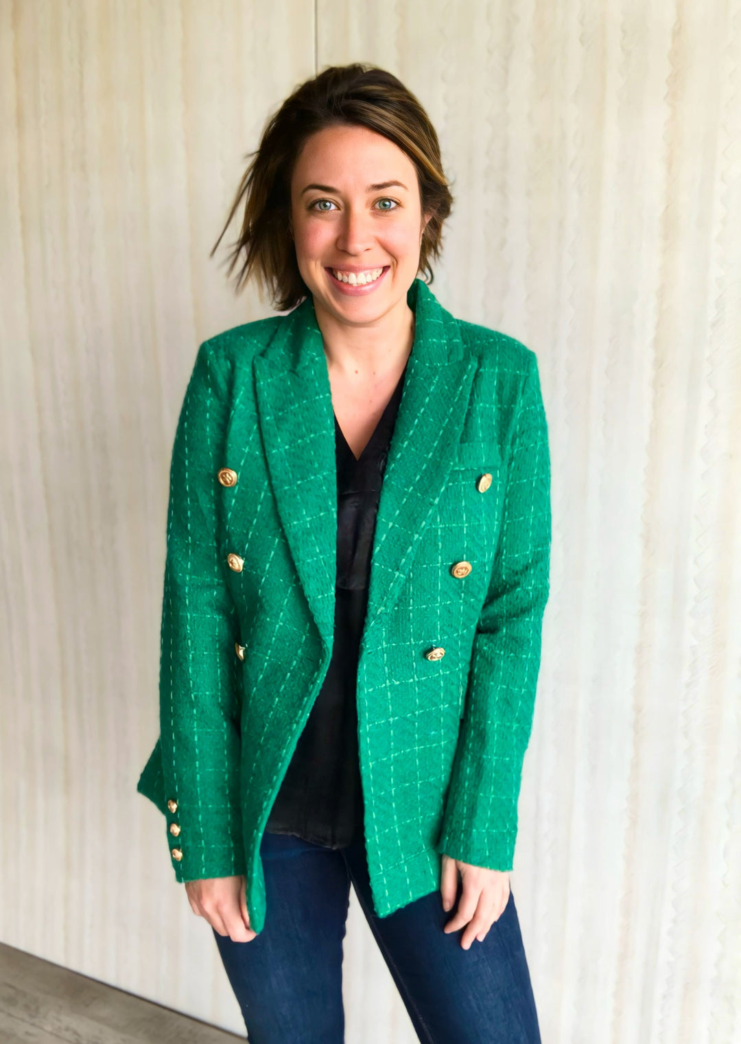 Women's Green Blazer with gold buttons. Perfect Holiday Blazer!