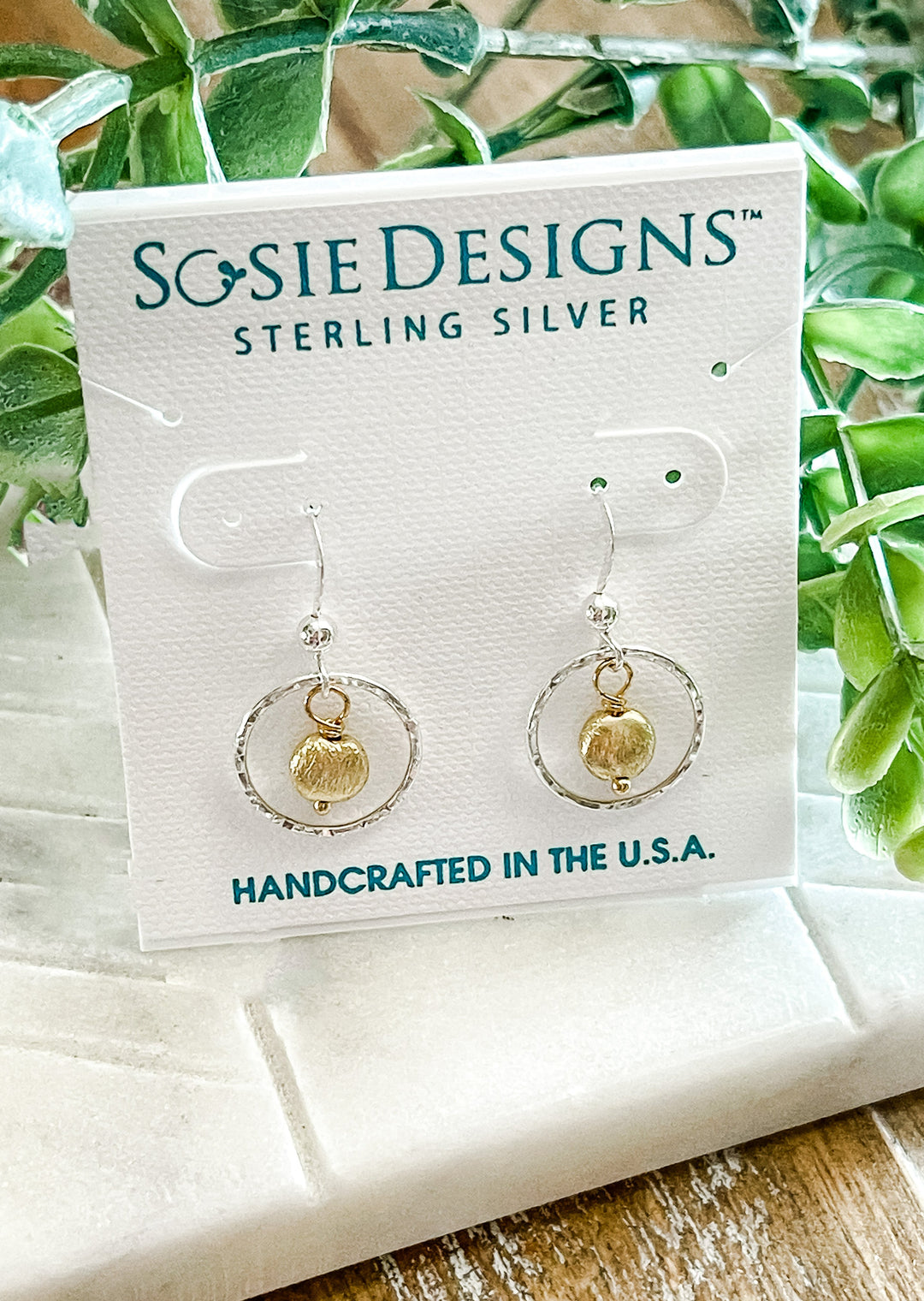 Sterling Silver Two Toned Hammered Earrings with Gold Drop in the middle of the hoops.
