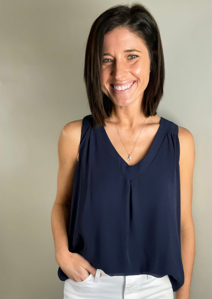 Navy V-Neck Dress Blouse Tank with Pleating on the shoulders