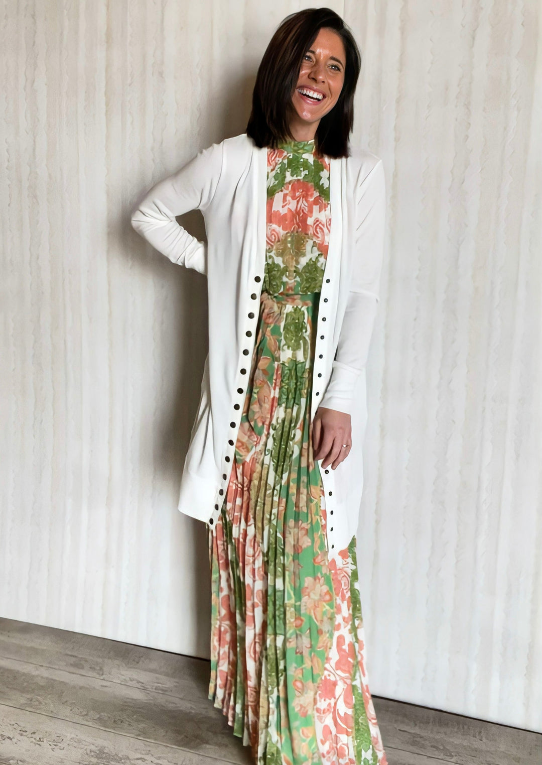 Ivory White Long Cardigan with snap buttons with floral maxi pleated dress.