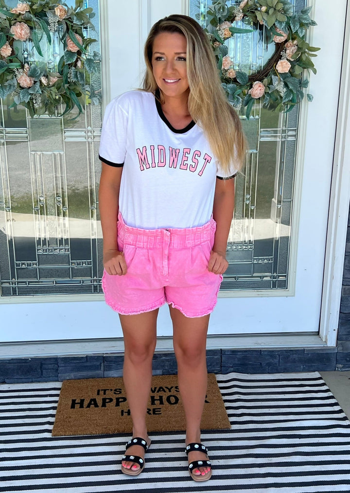 Midwest Ringer Tee with Pink Pleated Shorts. Shop at Embolden.