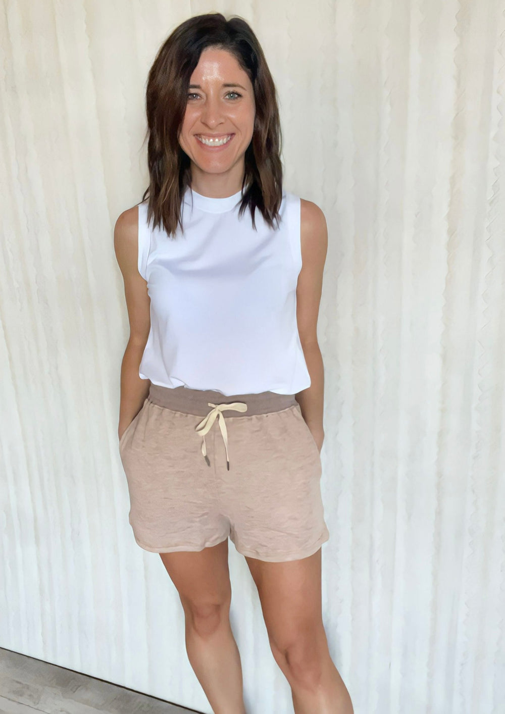 Comfy Lounge shorts in a blush-taupe color with drawstring and stretchy waist. Feel like terry sweatpants.