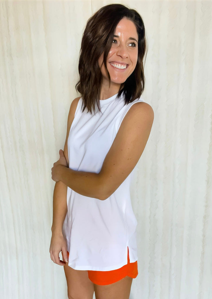 Women's White Tank Top | Athleisure Tank Top paired with orange athleisure shorts