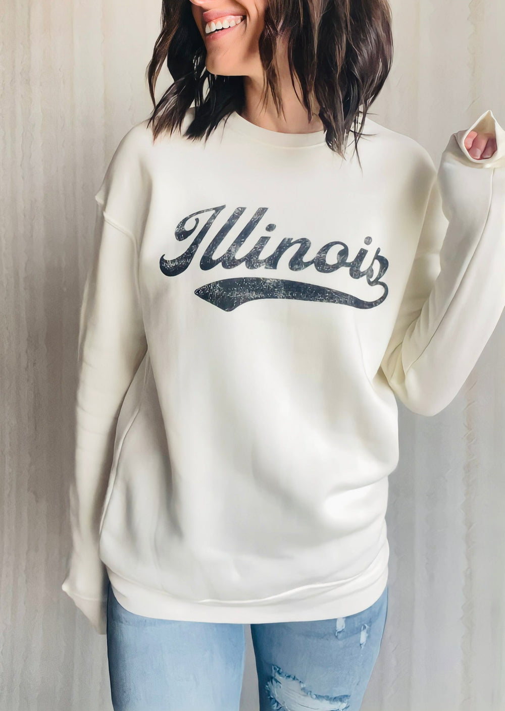 White Illinois Sweatshirt with Vintage Look | Central Illinois Women's Online Clothing Boutique near Champaign-Urbana