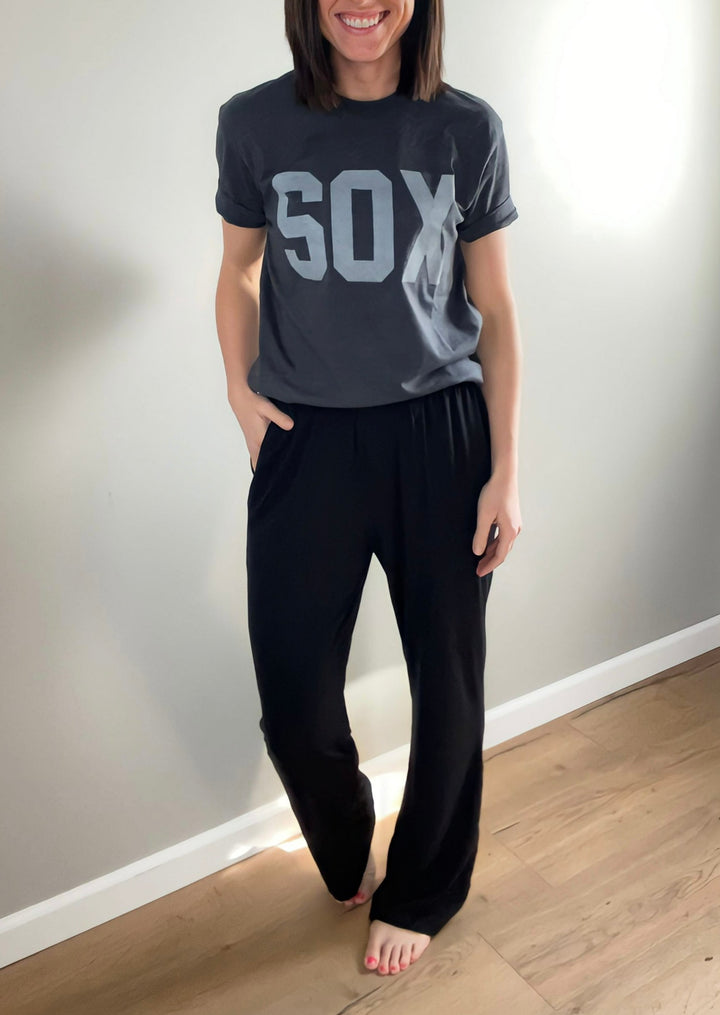 Women's Black Lounge Pants with stretchy waist and drawstring.