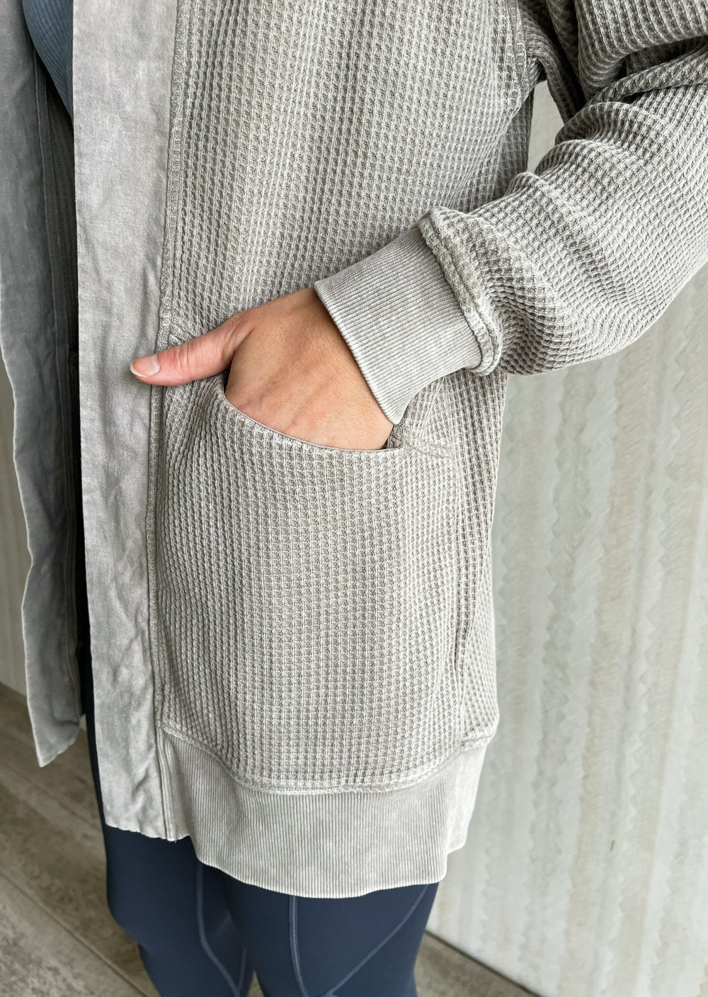 Gray Waffle Hooded Cardigan with pockets