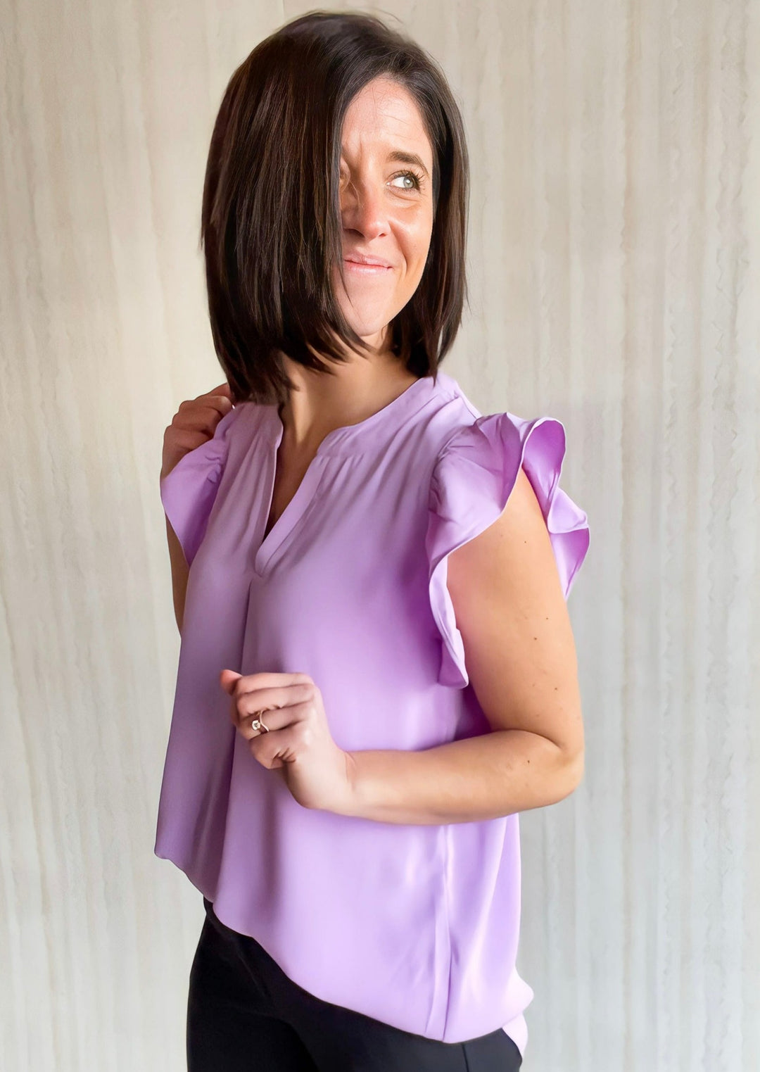 Lavender Ruffle Sleeve Dress Top paired with Black Dress Pants