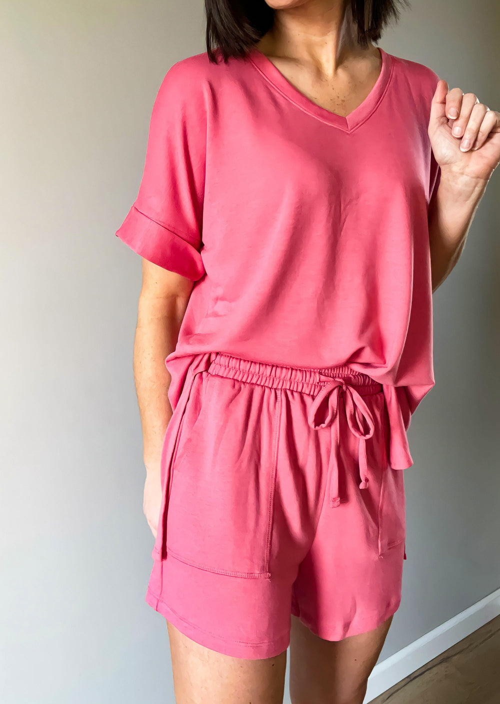 Light Rose French Terry Lounge Set with pink shorts and pink v-neck oversized t-shirt