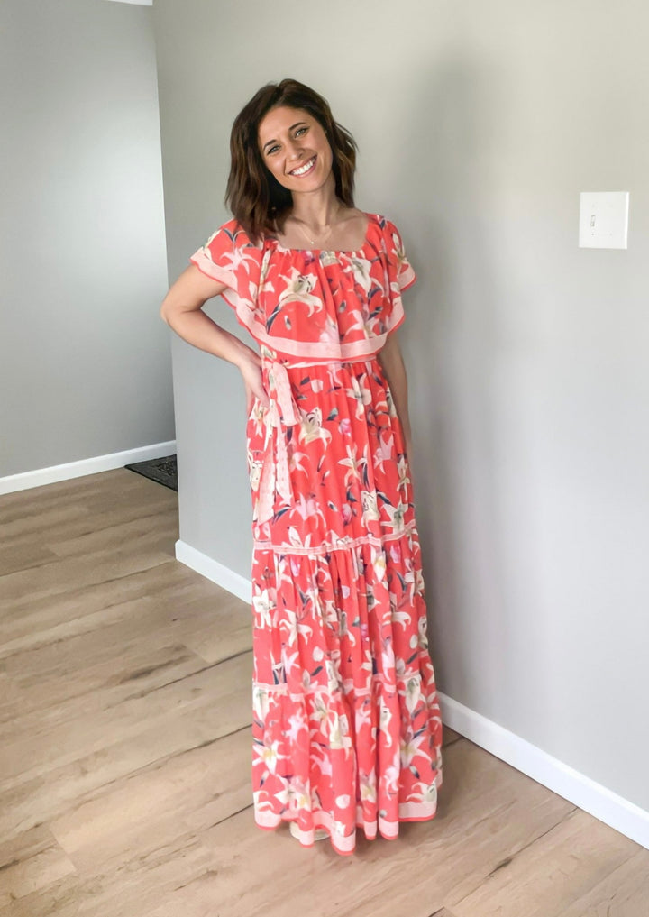 Hot Coral Floral Maxi Dress. Dress for beach vacation or guest of wedding. Flying Tomato.