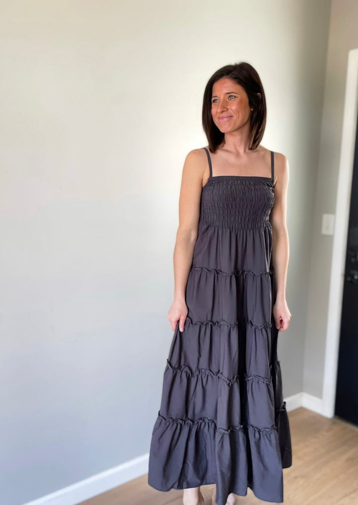Charcoal Gray Smocked Spagetti Strap Maxi Dress with ruffled tiers.