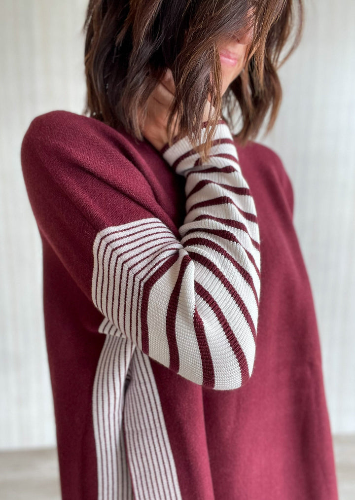 Burgundy Contrast Striped High-Low Sweater