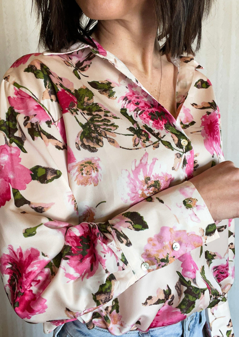 Pink floral button up satin blouse.