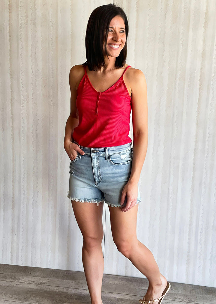 Ruby Ribbed Snap Button Cami Tank Top with jean shorts