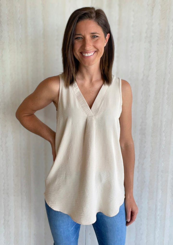 Taupe Woven Sleeveless V-Neck