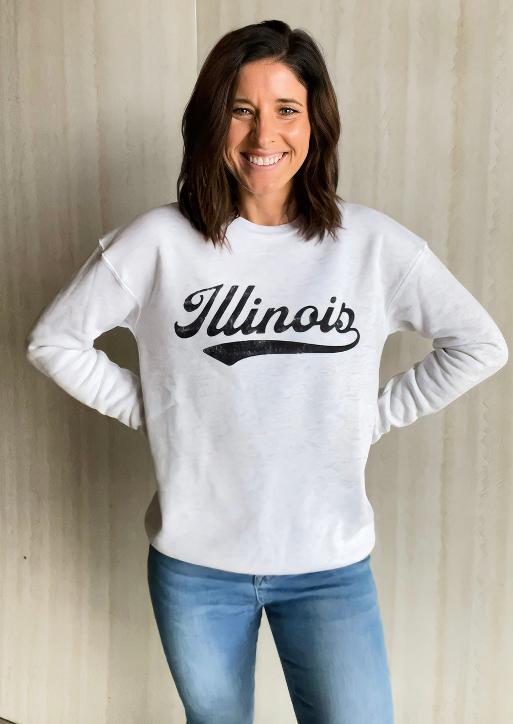 Women's Light Heather Gray Illinois Sweatshirt with black distressed text.