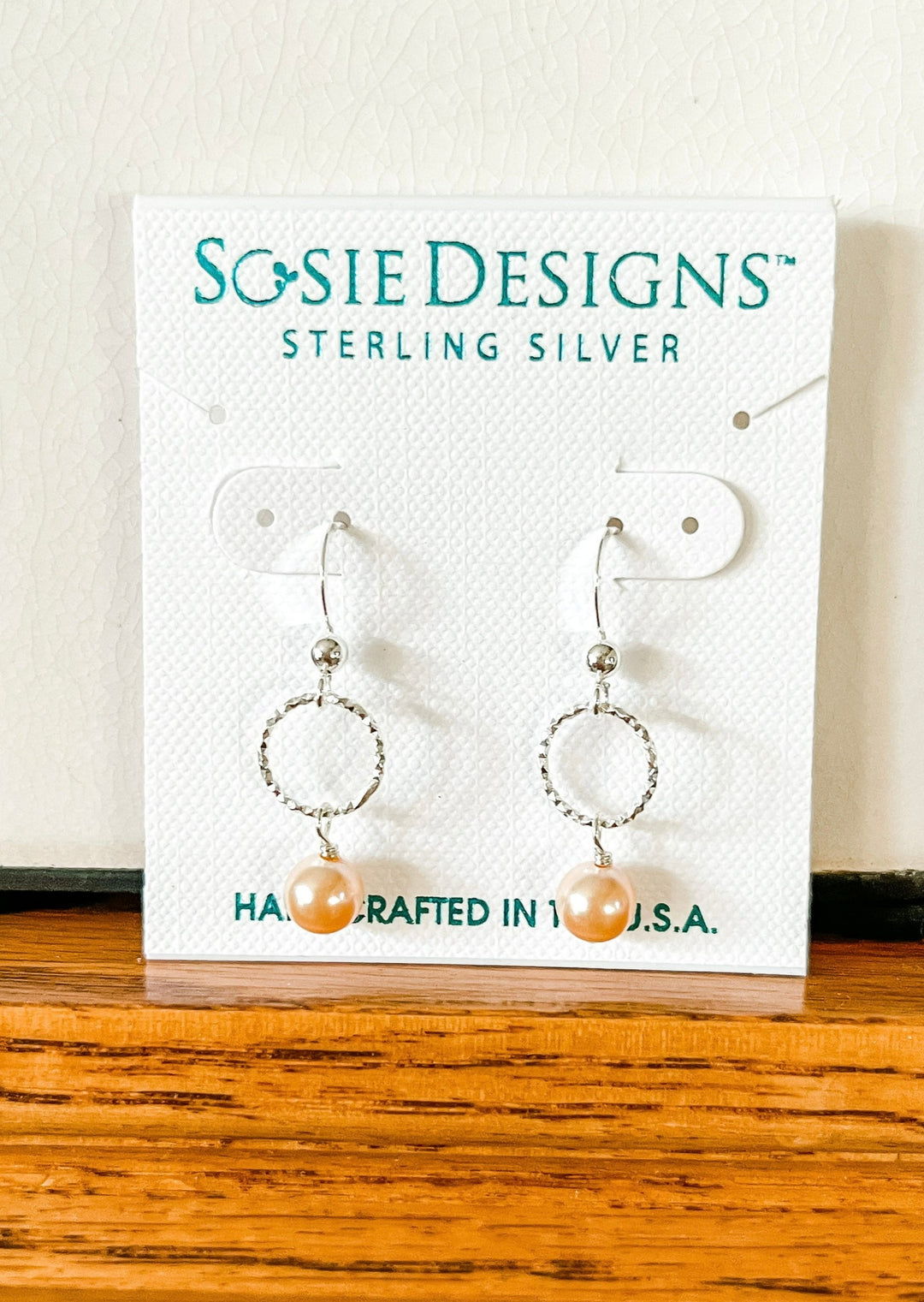 Sterling Silver Hammered Diamoned Circles with Small dangling peach pearl accents