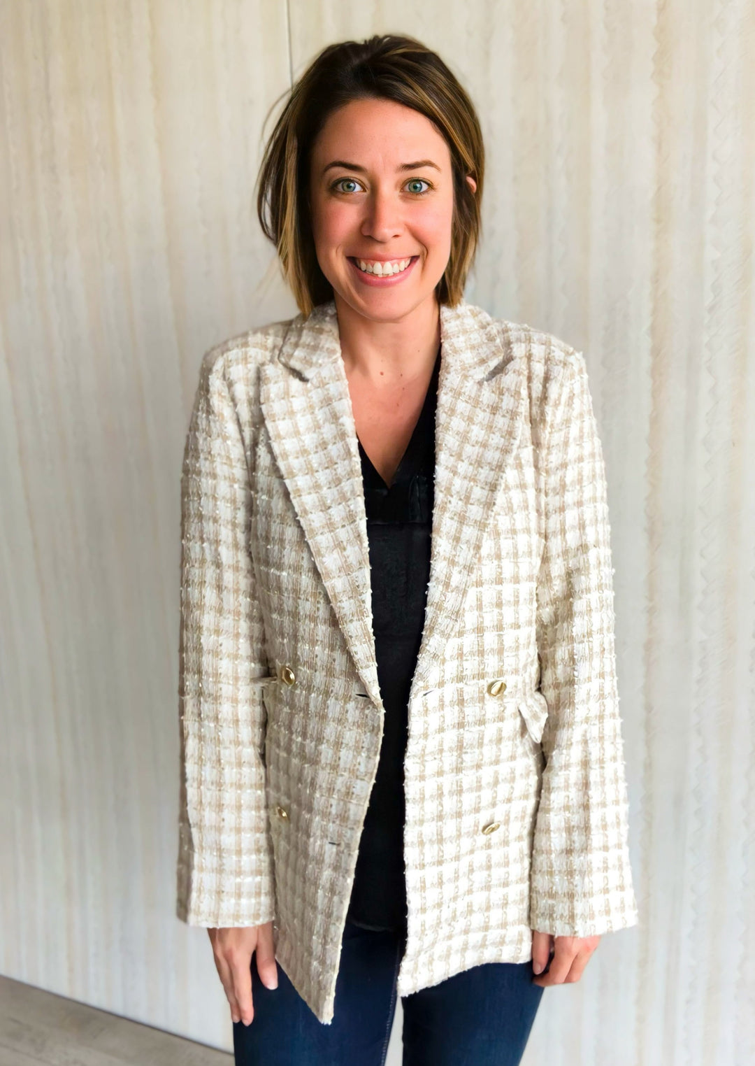 Women's Classic Taupe Tweed Blazer with gold buttons and a hint of sparkle. Perfect Blazer for the holidays!