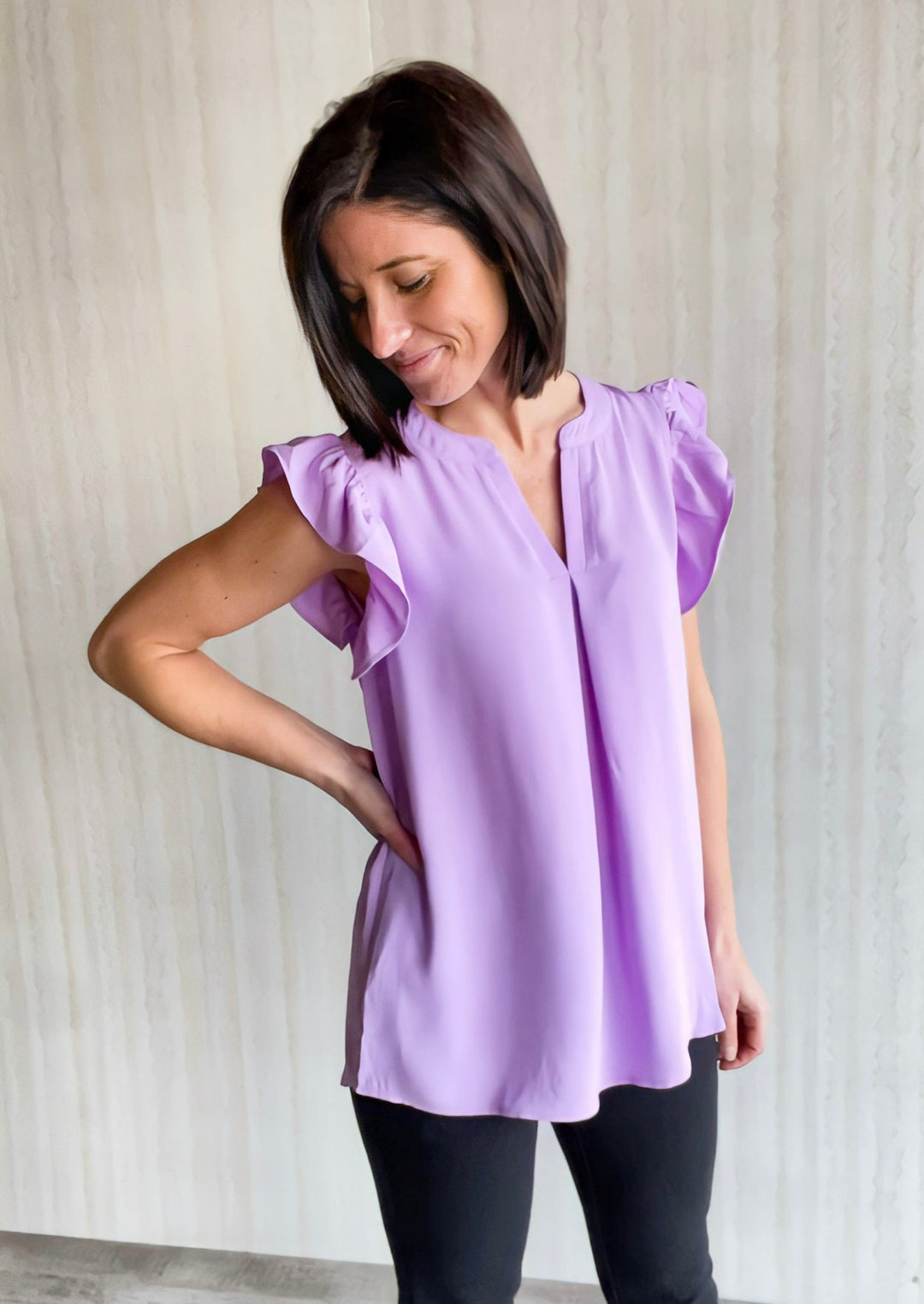 Lavender Ruffle Sleeve Dress Top paired with Black Dress Pants