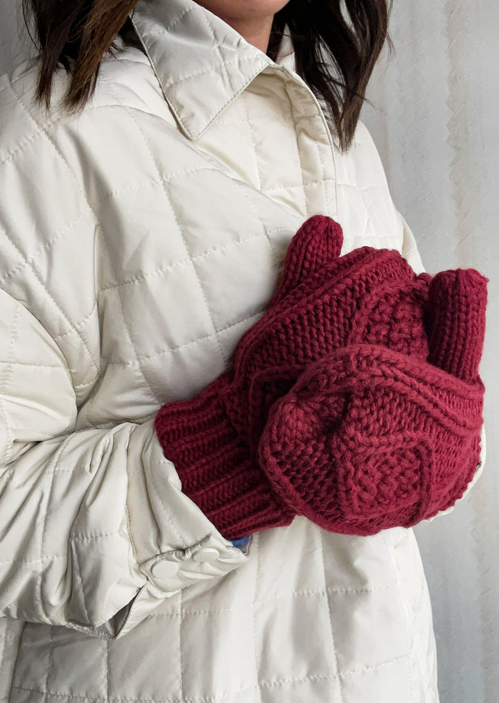 Women's Burgundy Cableknit fleece lined mittens. Cozy mittens for women.