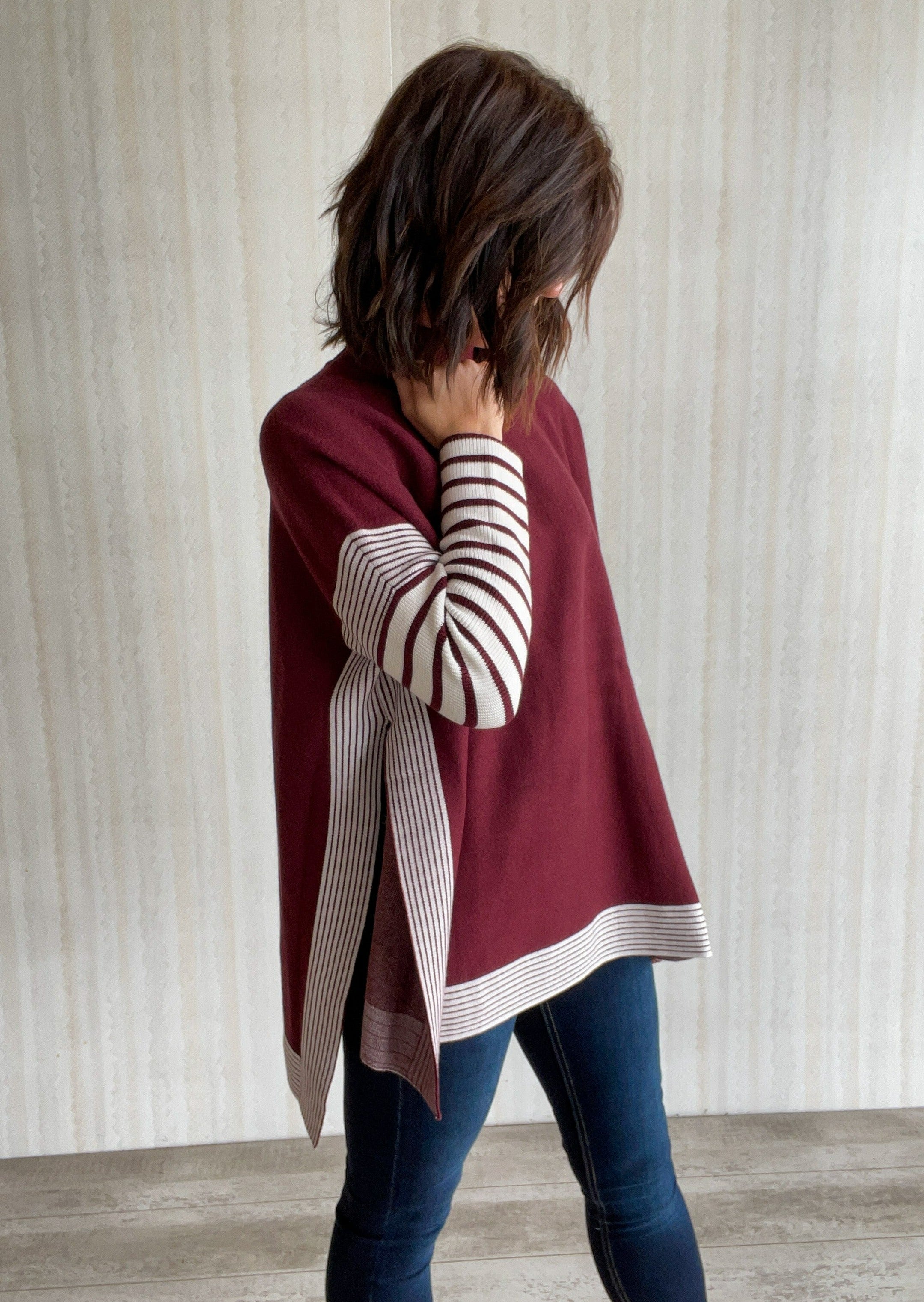 Burgundy Contrast Striped High Low Sweater Embolden