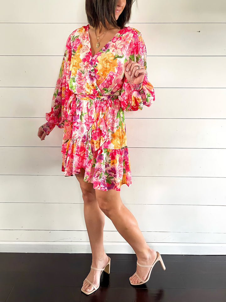 Long Sleeve Pink and Orange Floral Mini Dress with tie and ruffles